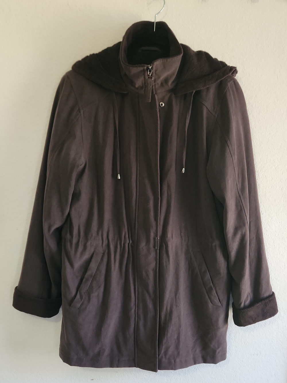 Chocolate Brown Cinch Waist Funnel Hooded Jacket Fleece Lined Size S